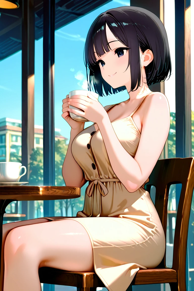 (((Masterpiece))),(((Super Detail))),(((in 8K))),(((best composition))),(((Rim lighting,Fireglow effect,deep shadow))),solo),Beautiful fingers,Detailed finger features,(Detailed hair features:1.7),(Dynamic and sexy bending pose:1.3),detailed facial features,detailed clothes features, (perky chest:1.1), (pointed chest:1.3), delicate beautiful face, Bright blue eyes, cute eyes, sparkling eyes, Big eyes, beautiful detailed eyes,double bun with glittering hair ornament:0.6,(super detailed glossy skin:1.3),slender body,goddess smile,((with sparkling eyes and a contagious smile)),beautiful posture,have a cup of coffee,black hair, red eyes, dress, bare shoulders, jewelry, collarbone, sidelocks, hairband, earrings, indoors, off shoulder, sweater, arms behind back, plant, short hair with long locks, white hairband, off-shoulder dress, sweater dress, off-shoulder sweater, red sweater, big side hair, very long side hair,(super delicate kitty pattern:1.2),seductive cleavage:1.3,beautiful glossy legs,shiny black high heels,lifting dishes with cakesd,japanese restaurant,hustle and bustle,rising steam of coffee,(((depth of fields))) 