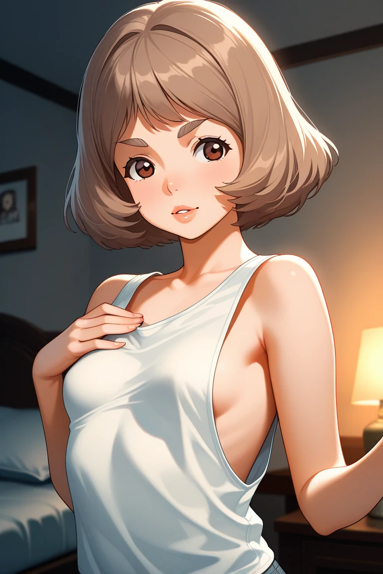 (((masterpiece, best quality, ultra highres, 1 girl, solo, no background))), super detailed skin and face and eyes and finger, beautiful japanese woman, small breasts:1.5, skinny, light brown hair, white background, very short hair, (an illustration of girl), Knee shot, Generate with illustrations, Various expressions, Various poses, Various Costumes, spread legs, Please draw the entire character within the frame, ensuring that the head, arms, and legs are not cut off. The background should be simple, with the character positioned centrally,