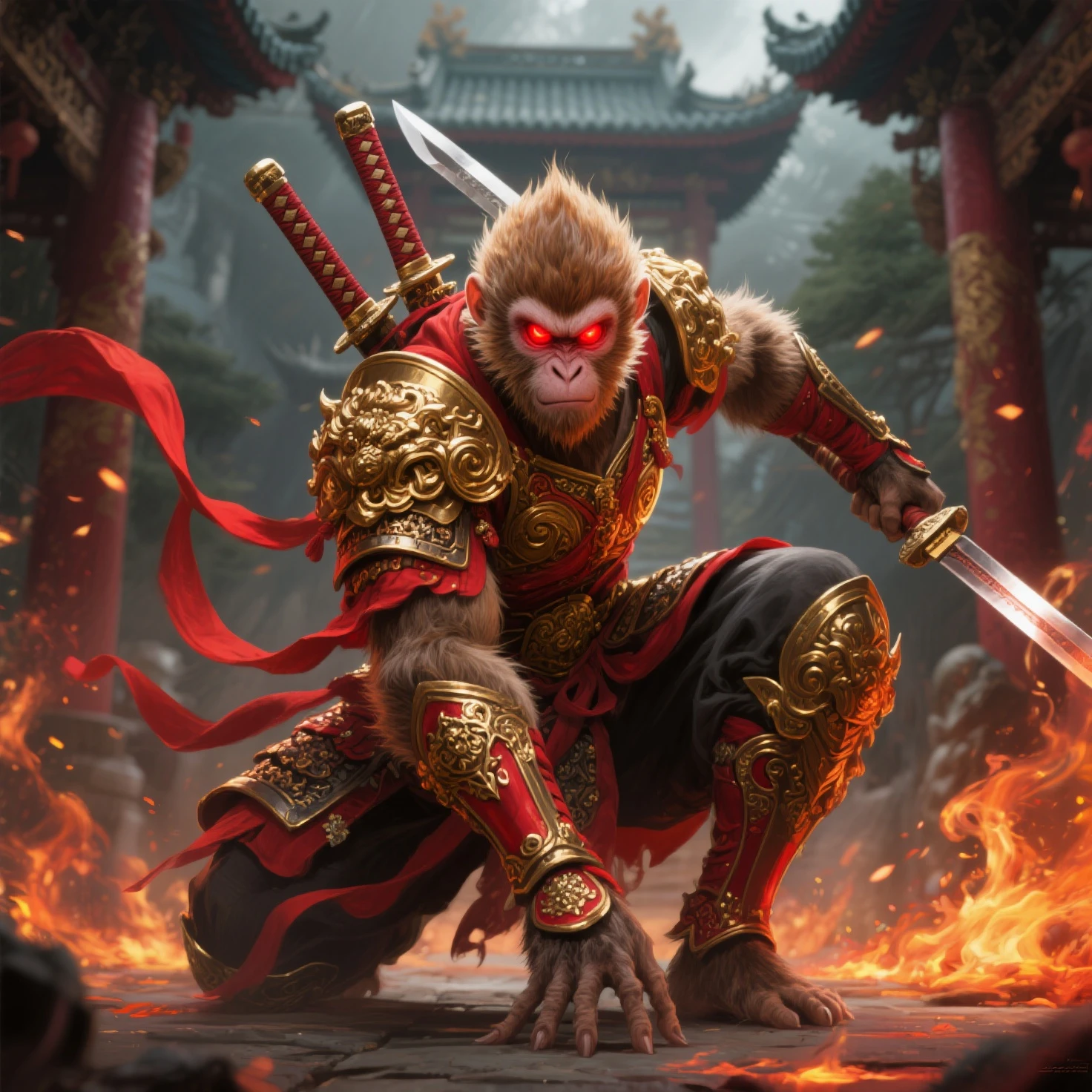Combination《Black myth Goku》Game scene,Generate a promotional video of Guangqi Honda Haoying model,The background should reflect Chinese style elements,The characters in the picture include Wukong