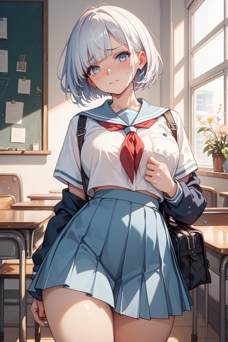 1 girl, split lips, blush, makeup, Light smile, School uniform, classroom, school backpack, rays of light, shine, thick legs, Big thighs, clavicle, narrow waist, (master piece), wallpaper,