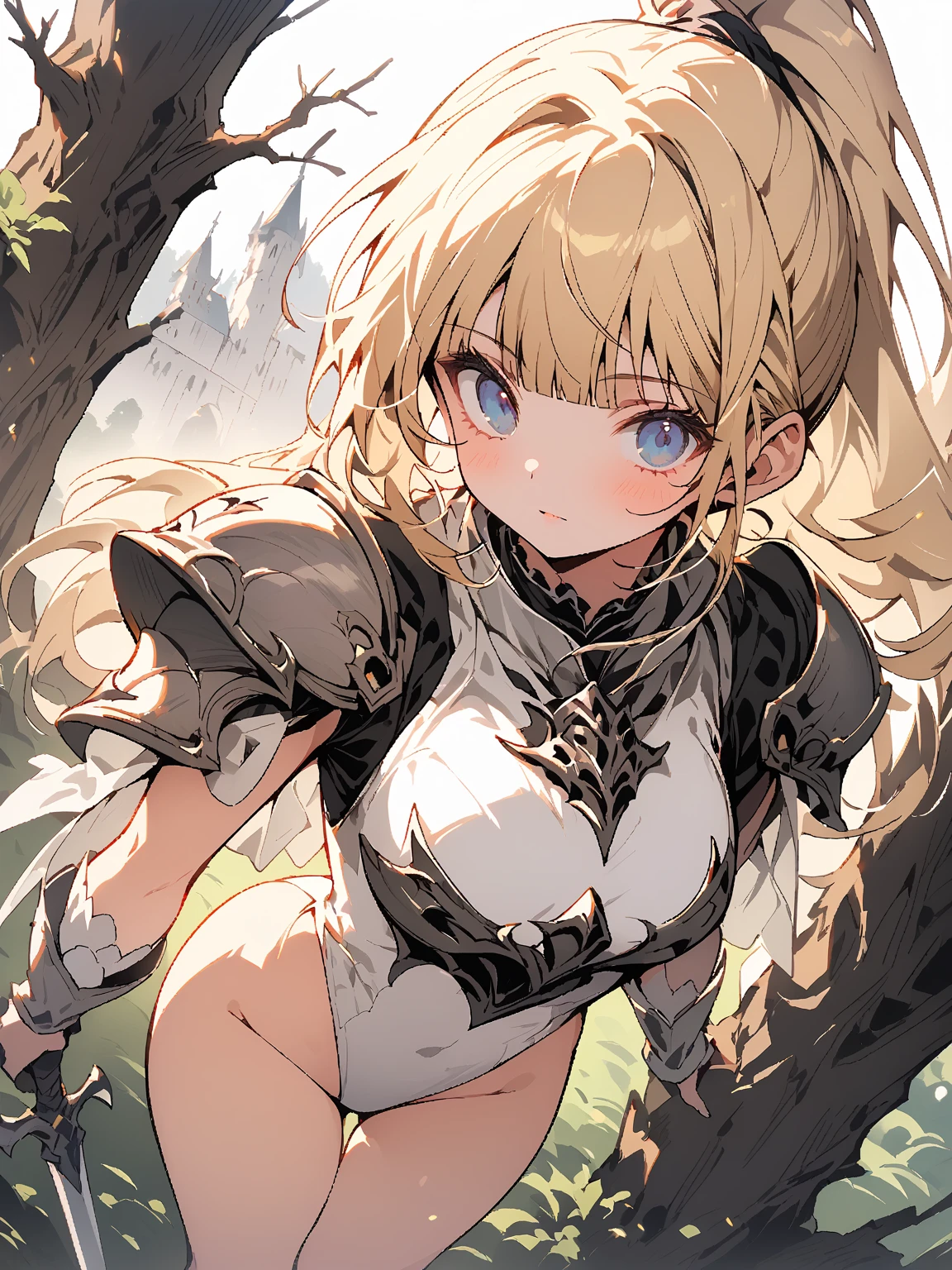 (anime style),masterpiece, best quality, extremely detailed,20Years old,tanned skin,dark skin, Beautiful body,large breasts press,BREAK,multicolored colorful blonde hair,shaggy hair,long hair,long pony hair,BREAK,black eyes,black choker,dignified face,disgust,sad face,open mouth,detailed lips,,BREAK,with vertical stripes sweater,tiara,ripped Princess knight light armor,micro skirt,break,head tilt,in the woods,hands on legs,up half knee,ivy clinging to the body,arching back,shackles and cords,