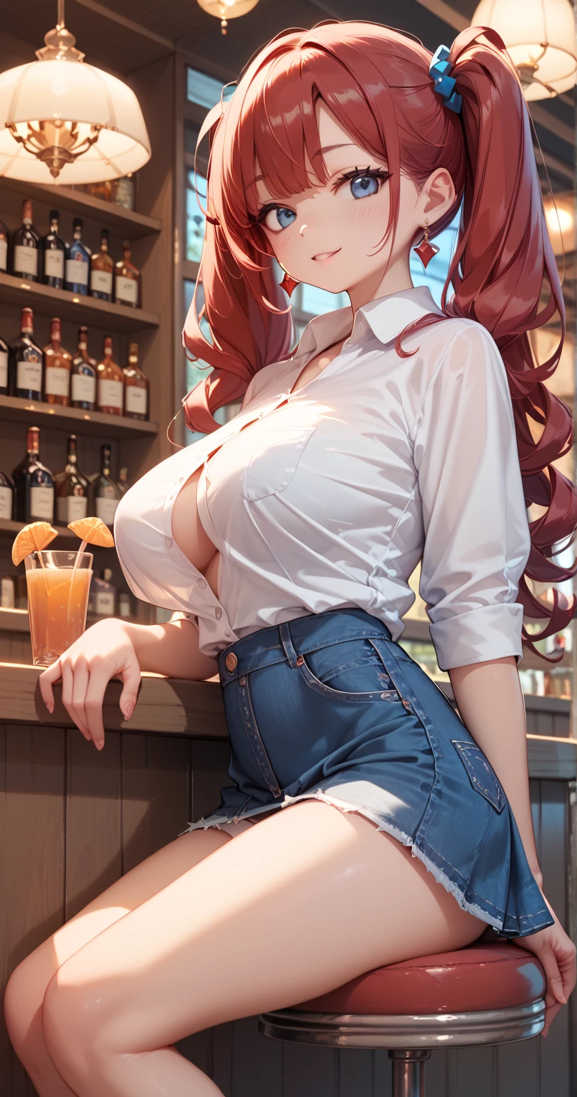 最high quality、Best image quality、masterpiece、One 40 year old woman、(((mature female))), (((milf))), (((tareme))), Best Bust、large breasts, Beautiful Eyes、Orange Hair、Beautiful black eyes、braid ponytail, parted bangs, Slender、high quality、Beautiful art、Medieval Tavern Owner、A busy medieval tavern、night、Exquisite design、Highest detail、8k、Dimly lit room、Looking at the viewers through the counter、(((crossed legs))), shirt, There are bottles of alcohol on the counter.、 smile, panties