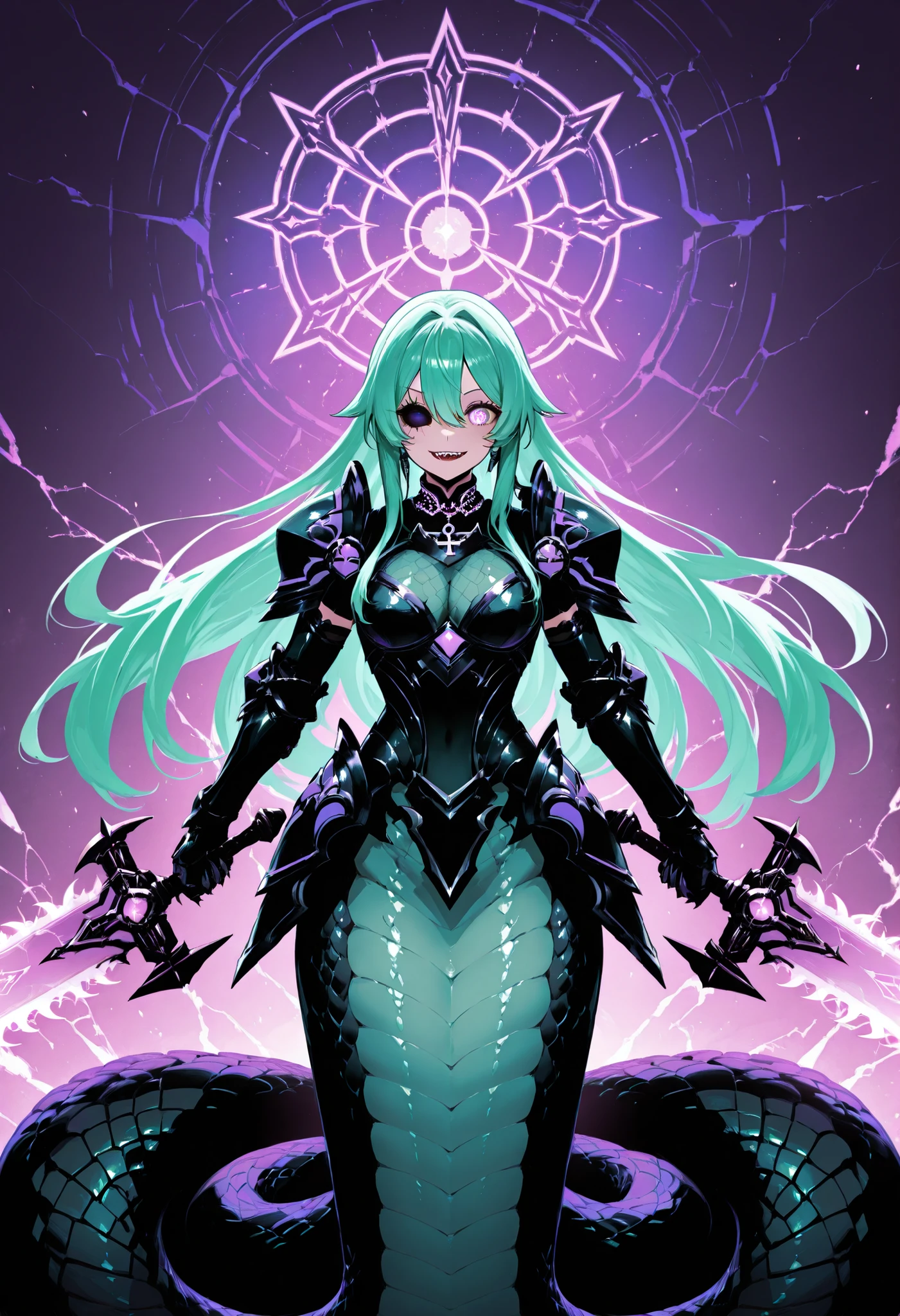 Lamia style girl. Centipede body. Black snake. Green scale pattern. Armor knight. Bright hair. Asymmetric eyes. Snake eyes. Snake skin face. Anchor charm on collar. Black armor. Purple decoration. Holographic crack costume. Sharp claws. Holding weapon. Chainsaw sword.