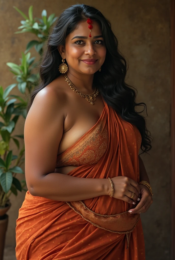 a beautiful gorgeous plump Indian 45-year-old woman dancing on a bed with sunlight from window and a bindi on her forehead and a happy expression and a cozy room with cushions and festive fairy lights