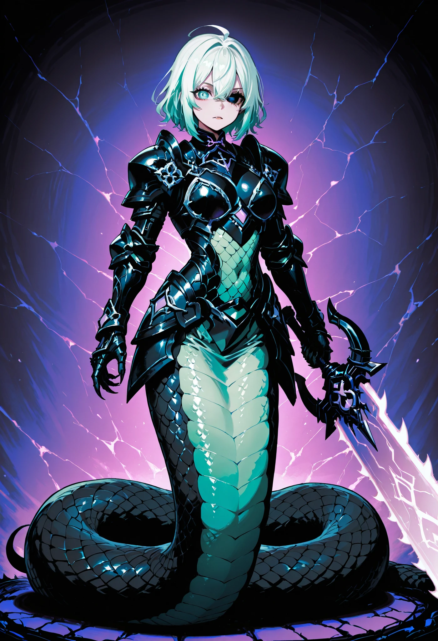 Lamia style girl. Centipede body. Black snake. Green scale pattern. Armor knight. Bright hair. Asymmetric eyes. Snake eyes. Snake skin face. Anchor charm on collar. Black armor. Purple decoration. Holographic crack costume. Sharp claws. Holding weapon. Chainsaw sword.