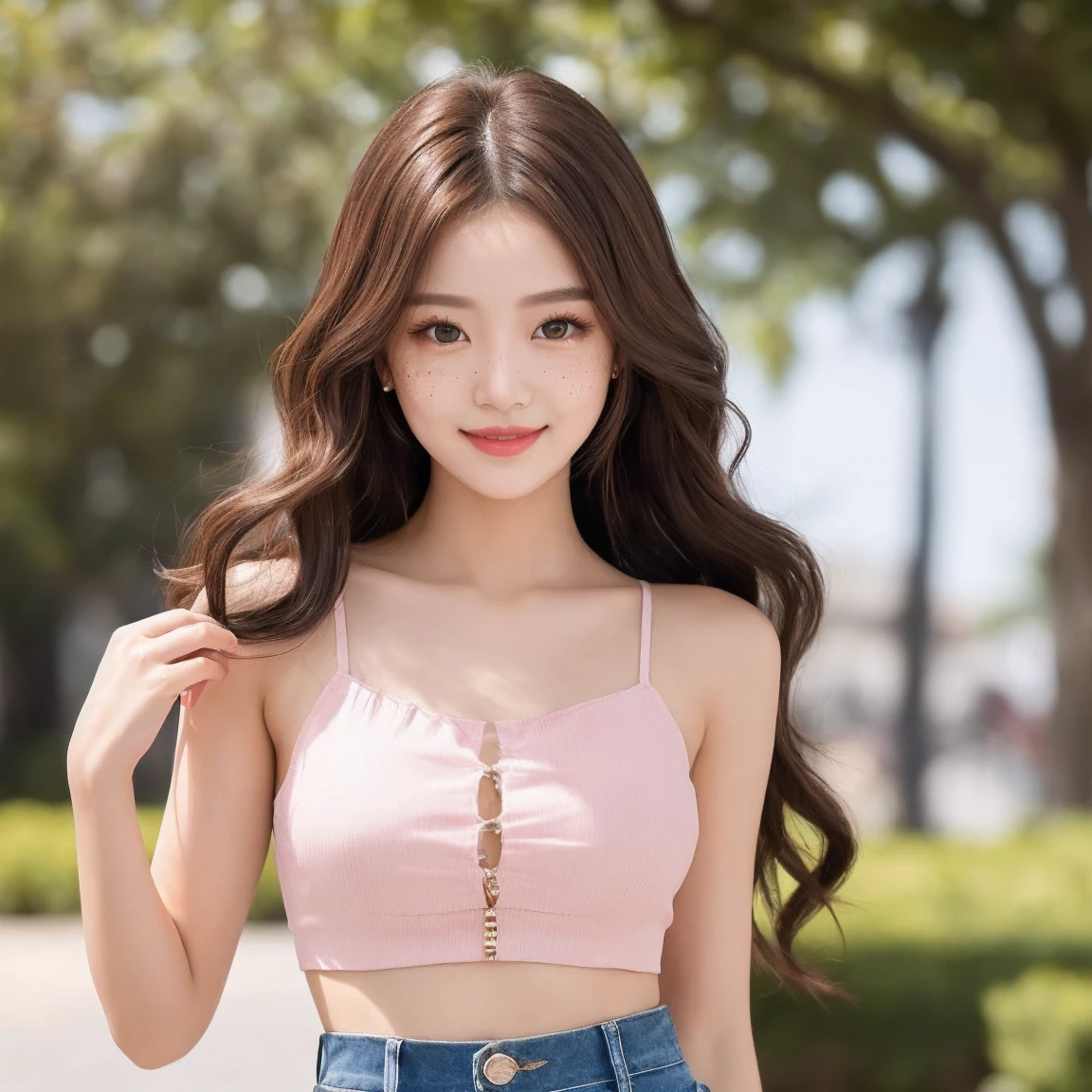 highest quality、4K、Perfect Face、Perfect Style、Sunburn、beautiful、stylish white appeal、Mature、long curly layer brown hair、Swept-back hair、full body、pierce、pink eyeshadow, peach lip gloss, highlighter, mascara, light foundation、beautiful abs、beautiful legs、jeans、cherrybrossoms、sakura、giddy-smile、with kitty、