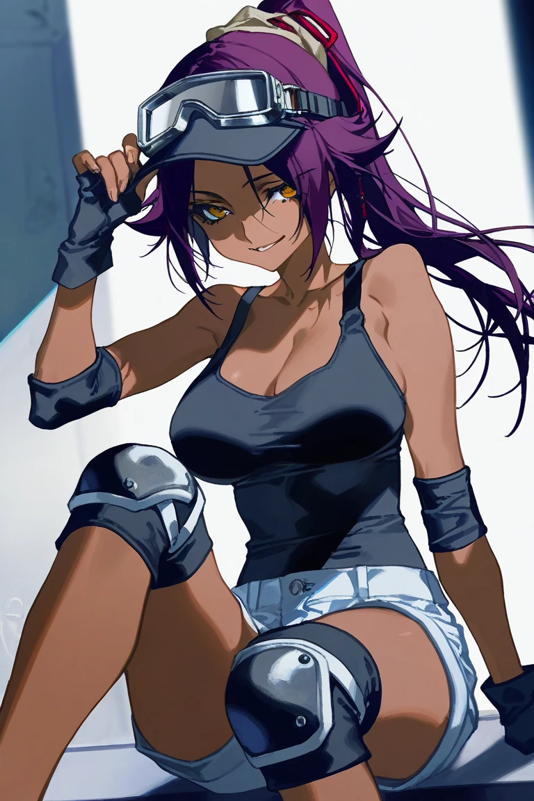 , (mechanic girl:1.1),(tank top:1.2), fingerless gloves, goggles on headwear,short pants,short hair,(knee pads:1.2),cleavage,large ,  smile,
1girl,  yoruichi shihouin, dark skinned, long dark purple hair, ponytail, ((detailed eyes:1.2), 
(yoneyama mai:0.4), (Mochizuki kei:0.4), (mika pikazo:0.4), (rei \(sanbonzakura\):0.4), (quasarcake:0.4),
