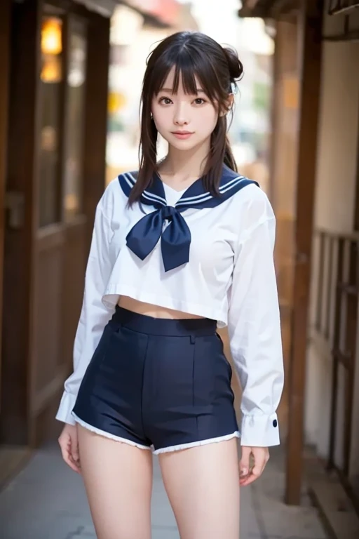 (8k、Ultra-high resolution、Highest quality、Masseter muscle area、Photorealistic、Ultra-high resolution)、(Clothes that accentuate the shape of the breasts:1.0)、(Small breasts :1.3)、(Small Tits、Quite small breasts、Beautiful ass:1.18)、(Sit with your legs slightly apart、Put your hands on your knees)、(Black hair twin tails:1.15)Japanese women、So cute、meaty belly、Chubby belly、((((Sailor suit))))、(((Navy Blue Skirt)))、(((White and light blue panties)))、((((White loose socks))))、((((Brown leather shoes))))、(Outdoor Roads)、((((Low - Angle))))、