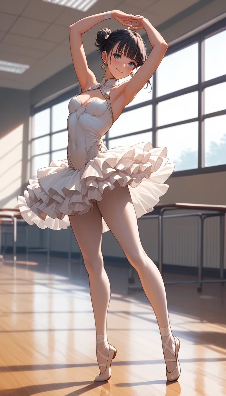 A Female robot exposes her inside mechanical organ. spread legs, banzai pose. she wears beige dress. Her Brown very short pigtails is tied with two big red clothespins, masterpiece, mature, android, blue eyes, full body, Height: 160cm, flushed cheeks, Uplifting, No NSFW, whole body, barefoot, archaic smile, orgasm, sweat bucket.  no panties, full body shot, floating hair, looking away. cyborg made from rung to heaven. She leans arching her back hi-res position. kiss.