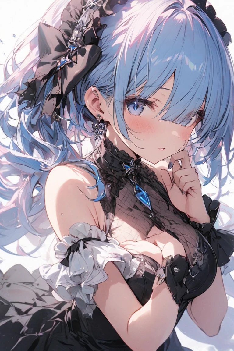 Illustration of a cute model girl, (Anime style:1.2),(high color contrast:1.2),(((masterpiece, best quality)))((masterpiece:1.5)), masutepiece, Best Quality, ultra-detailliert, 4K, absurderes, hight resolution,(((masutepiece, Best Quality))),((masutepiece:1.5)), (Best High Quality, high resolution, The ultra -The high-definition, 4K:1.3),(best high quality, ultra high res, ultra highly detailed, 4k:1.3),((perfect hands, perfect fingers, perfect legs)),BREAK,1girl,1woman, (early teen, loli face:1.6), (chibi:1.2), ((light blue eyes)),((round eyes)), big breasts, glare, white skin, (skinny), ((shiny body, shiny skin, big breasts)), (blunt bangs:1.3), (((white bob hair:1.4))), (((blue colored inner hair:1.3))),(((blue streaked hair:1.3))), ((blue eyes)), (((sparkling reflection eyes))),,(((white skin body, shiny skin, large breasts))), dynamic pose , (( blue glowing eyes)), butterfly hair ornament, BREAK ,cleavage cutout (sharara) , perfect detailed , BREAK, background , shiny white, (stop motion),BREAK, (from above),((face focus:1.4)), looking at viewer, ((look into the camera)),(lie down:1.2), BREAK
