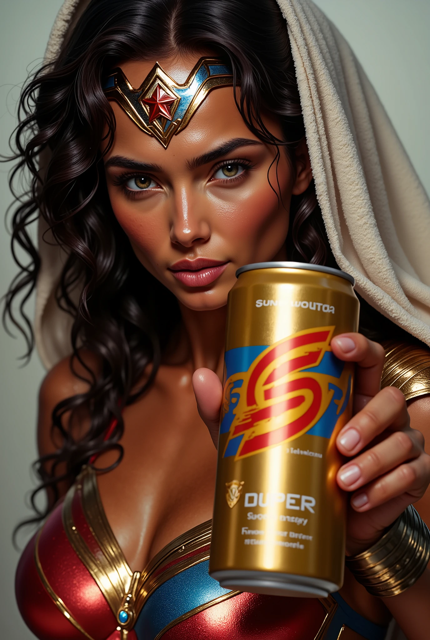 W0nd3rW0m@n, hyper-realistic, high-quality film photograph f wonder woman sweaty, wet, wearing sports top and shorts, towel on her shoulder, she is holding up a canned drink close to the viewer, on the drink in the logo: "SUPER" with the text: "Super energy for Super People" (Wet, exercise, energetic!, brilliant!)