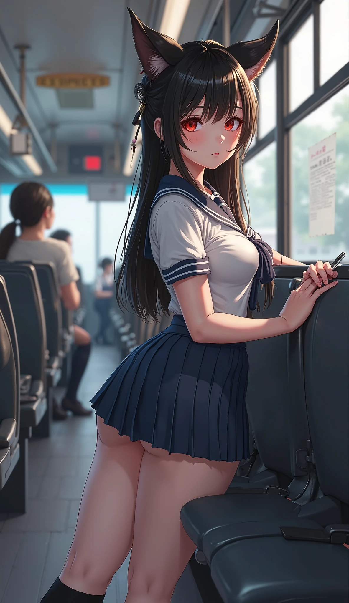 (masutepiece, Best Quality:1.2)、Cute、kawaii、digitalart、Innocent girl、Girl on the train、(Stand in front of the train door)、(Girl looking out the window backwards)、huge tit、Plump、serafuku、sailor dress、sailor uniform、Navy blue pleated mini skirt、Panties with a white ribbon、(white socks、Black loafers)、Brown hair、voluminous straight long hair、shinny hair、backs、View from behind、full bodyesbian、from below、ass focus、panty shot、upskirt、looking away、looking outside the window、Curiosity々Smile at