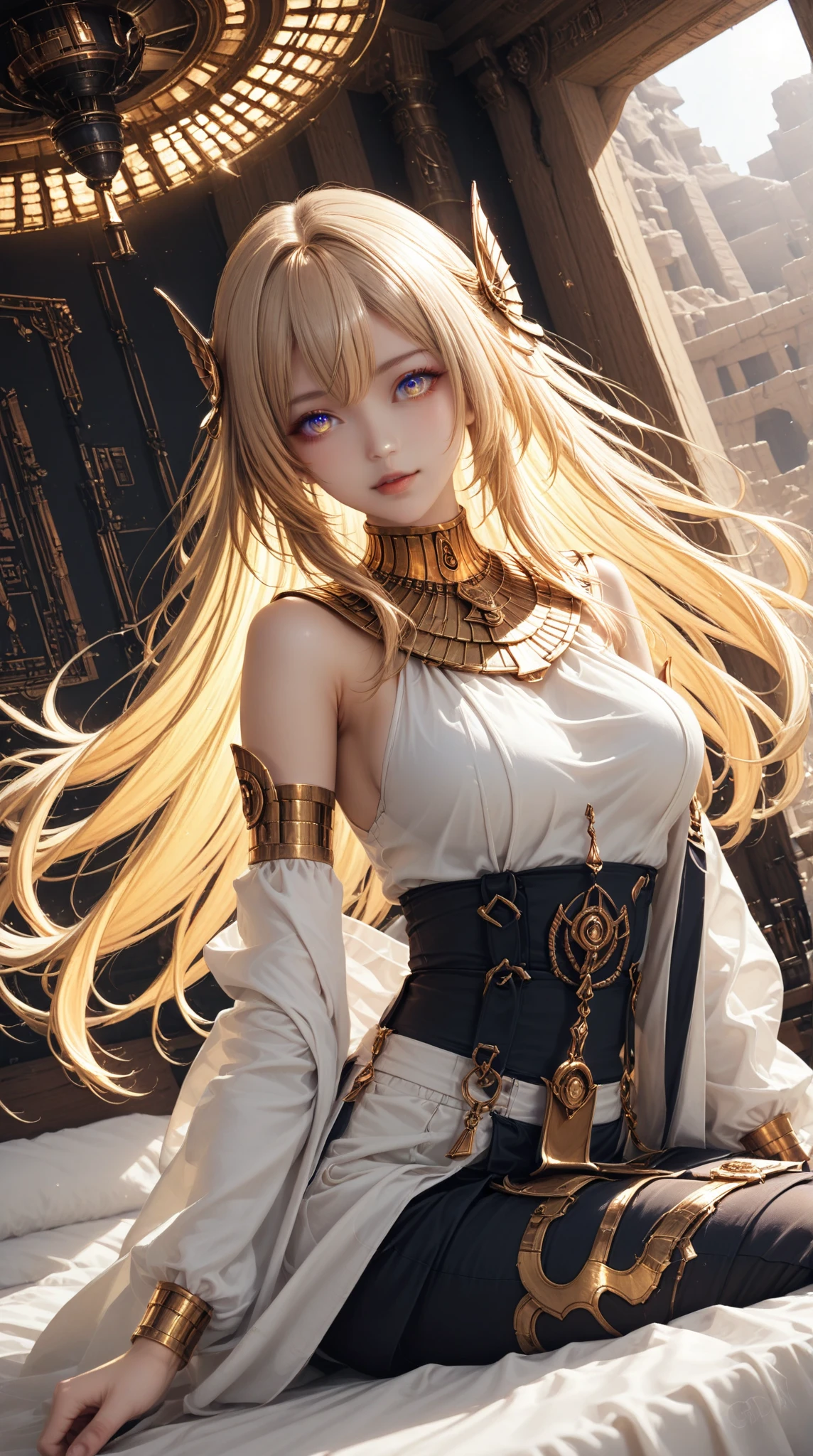 A photograph of an anime character figurine with a mummy motif, taken inside a pure white lighting box.