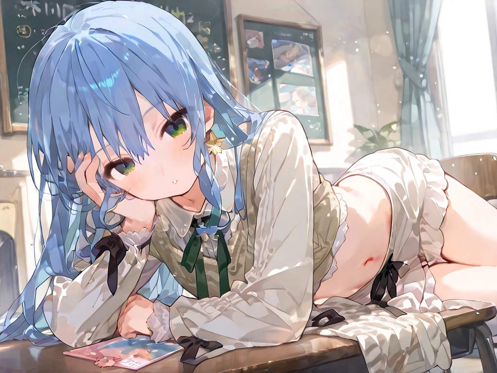 (8K, 最High quality, Tabletop:1.2)、超High resolution、Bright blue hair、blue eyes、 girl、Small breasts、Braided half bob hair、uniform、Me in a knitted cardigan、 girl、Looks about 、Petan Musume、In the classroom、quality, High resolution, Very detailed, Detailed Background, Perfect lighting、masterpiece、Best image quality、最High quality、 (cryin) ,Cute Characters, Most detailed, High quality、(missionary, 1boy, penis, lying, vaginal, ass pov, spread legs, sex, nsfw)、nose blush、steam、Oblique angle、Shiny Hair、Very fine and beautiful bright eyes、 scared、Very detailed, clear and beautiful face, Being stripped of clothes、 clothes、Slender body、Awards, Anatomically correct、((Scared))
