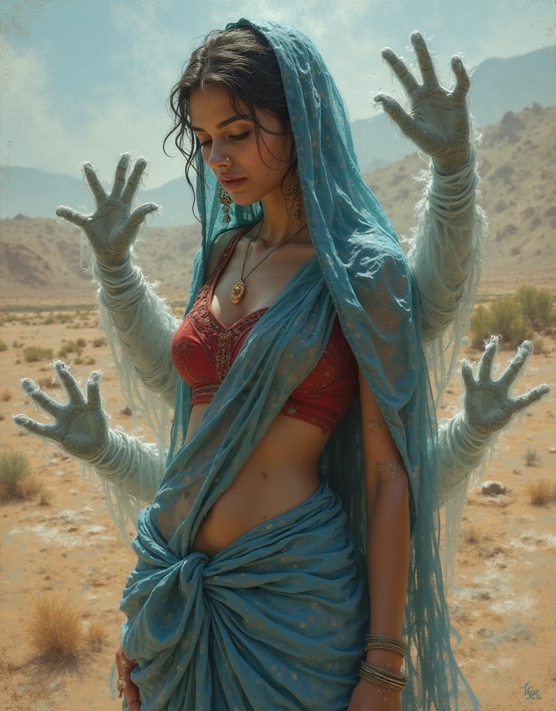 (shepherd holding a stick, wandering, sheep, sheep, sheep,sheep,sheep,sheep,sheep, many sheep and dogs and birds, blood, dirty clothes, a mature sad female, back of female, ethereal, large breasts, vivid color, bare shoulders, arms down, armpits, thighs, [light smile], expressionless, masterpiece, 8k resolution, fantasy art, ((high jumper's body proportions)), ((obesity: 0.0)), ((((no panties)))), ((no panties))), ((( No pants))),(((No socks)))),(No skirt)))),((No shoes)))),((Dynamic posture)))), (Full body))), , (Greek feet), (Carefully groomed nails),((Delicate and small toes, perfect toes))), (Camel toes),((Correct anatomy)),((Correct dissection))),( Clothing: high slit design, white flowers cut at the waist, perfectly blending with the figure))), (((the world of clouds and mist))), (the clothes are painted with dirty and blood )))),