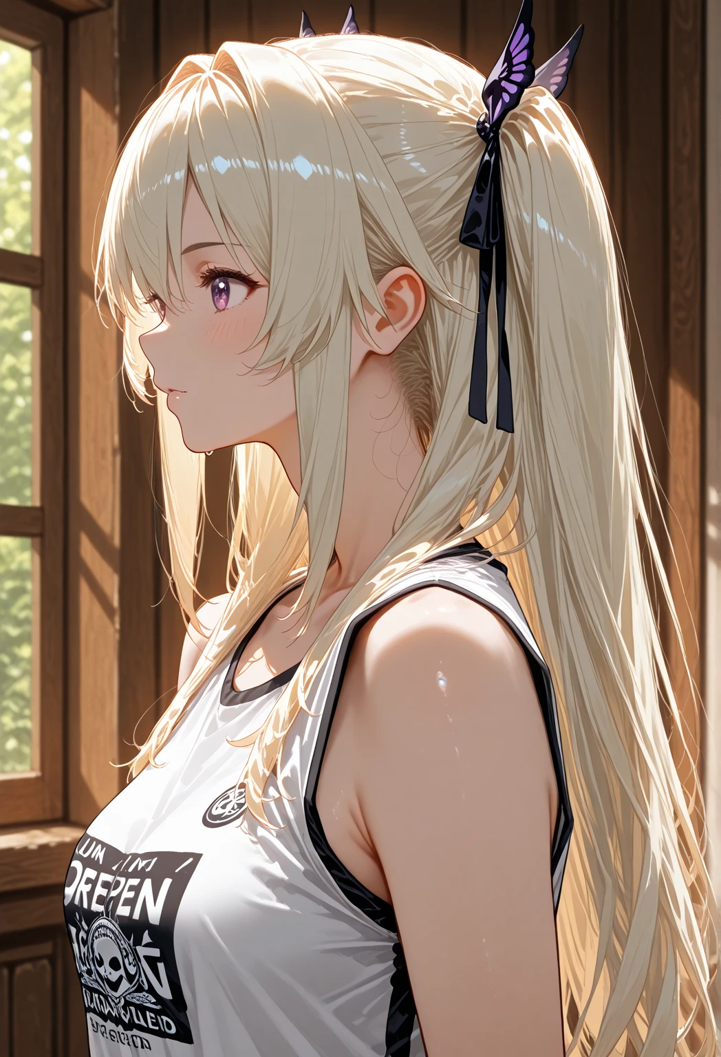 optimum,tmasterpiece,hight resolution,best qualtiy,hyper HD,super detailing,awardwinning,16 K,独奏,(The upper part of the body),anatomy correct,Beautiful cyberpunk girl,Cowboy Shot、cute face,,a blond、Longhaire、Twin-tailed、Braids, Hairline,((scarlet eyes)),long eyelasher,Hanging eye corners,White skin of the,shoot from the side, ((white t-shirts:1.5)), ((Sheer nipples))、Rocket Tits, (Slim body),