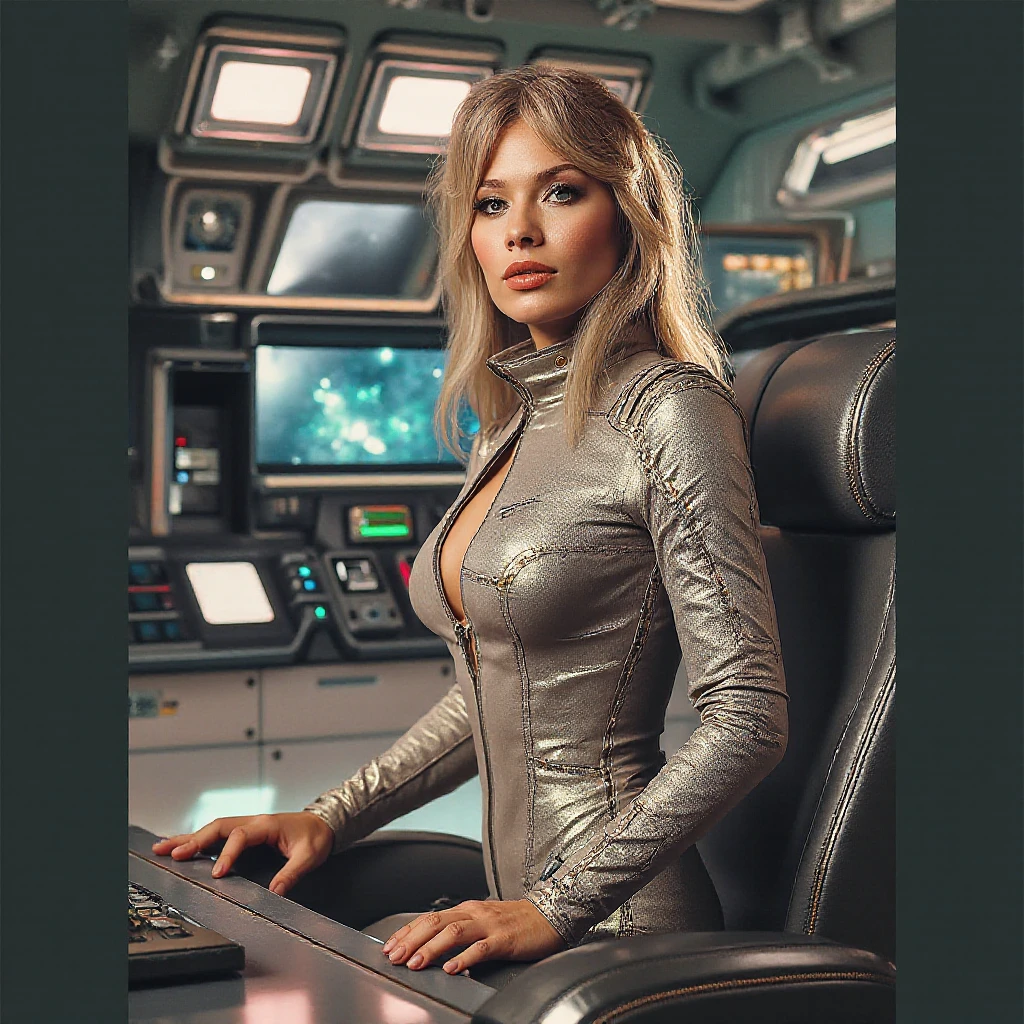 (masterpiece) young gorgeus women, full body, blond hair , in spacecraft in amazing space suit, wonderfull face with makeup- red lipstic, hot, 