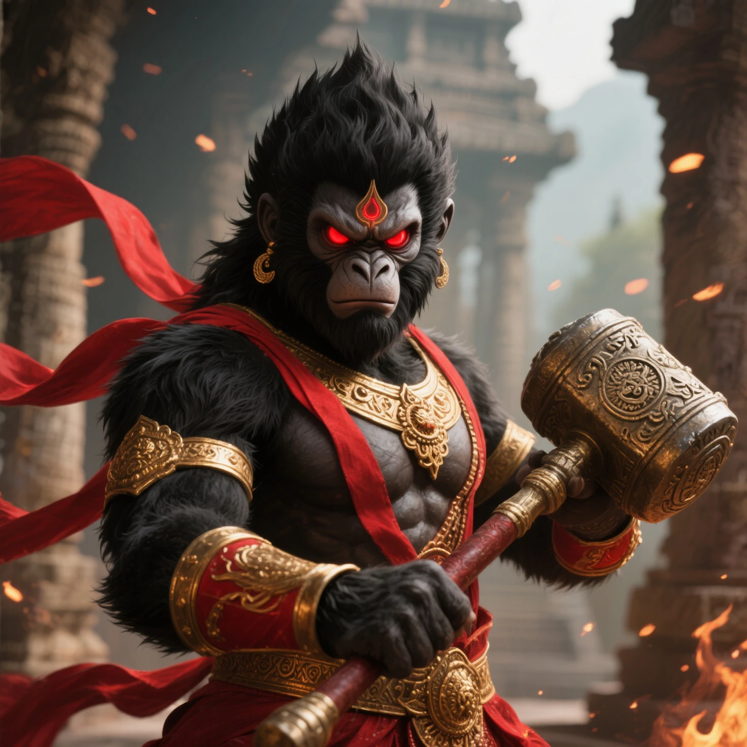 LORD HANUMAN ,a 35 years old man who has a face of a monkey, has a long tail as a monkey, proper super detailed eyes, proper super detailed hands, proper super detailed legs, An Indian god, Lord Hanuman, face of a monkey , moderate stature, has a big tail, Fire on the background, strongly built, broad-chested, narrow-waisted, and long-armed, big gada in his hand, in a dark forest (Professional 3D rendering:1.3) by (Realistic:1.3) World's most beautiful art picture, Features soft, dark complexation male heroes , hindu god, indian god, ((Epic hindu god , lord Hanuman, fantasy rough muscular man wet hero angry look long hair long slightly white beard and fierce expression in dynamic pose, wearing a orange robe, inside a jungle, burning lights in the background, majestic environment)), full body 8k unit render, action shot, skin pores, very dark lighting, heavy shading, detailed, Detailed face, (vibrant, photorealistic, Realistic , Dramatic, Dark, sharp focus, 8k), (orange cloths with heavy jewelry r:1.4), (intricate:1.4), decayed, (highly detailed:1.4), painting digital, rendering by octane, art stations, Concept-Art, smooth, sharp focus, illustration, germ of art, (Loish:0.23), Wlop Ilya Kuvshinov, and Greg Rutkowski and Alphonse Mucha Gracias, (global illumination, studiolight, Light Volumetric ), heavy rain, floating particles, scoundrel, fantasy, Eleven, full bodyesbian, ((Dark jungle background:1.3)),CGSesociedade,art stations