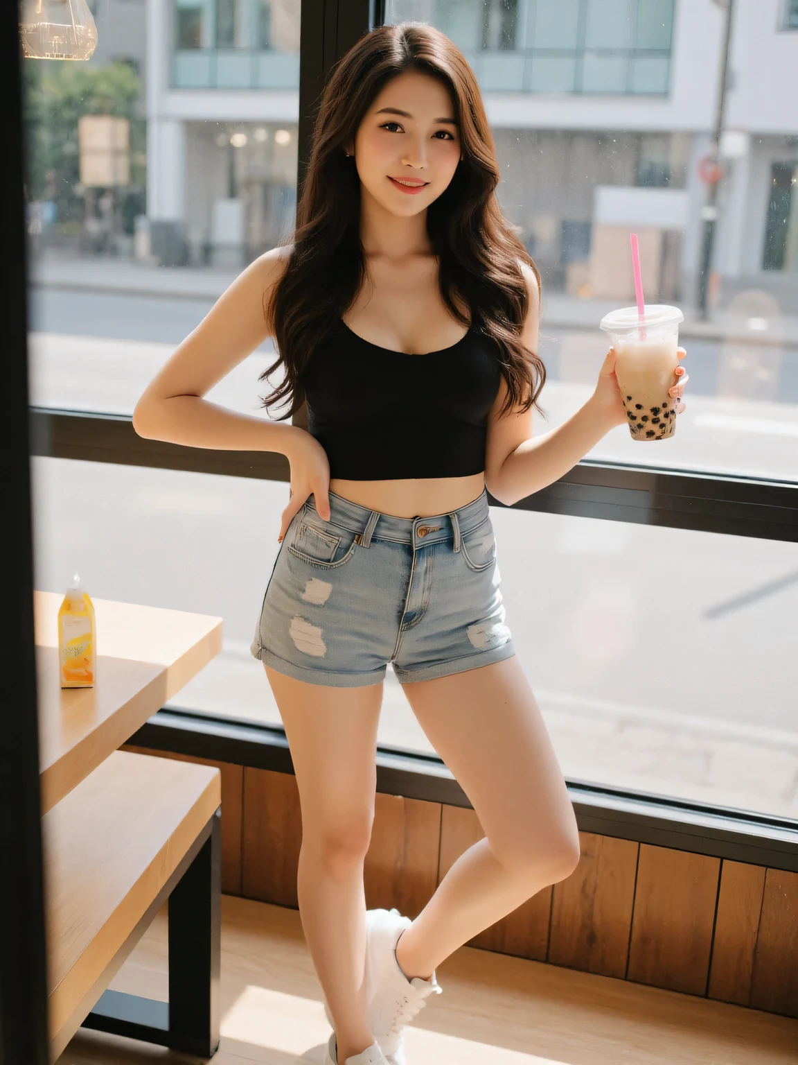 (realisitic、hight resolution:1.3)、1 girl with a perfect figure、Super thin face and eyes、shorth hair、Tank Tops:1 in random color.2、Short jeans、in a cafe、coffee on table、
