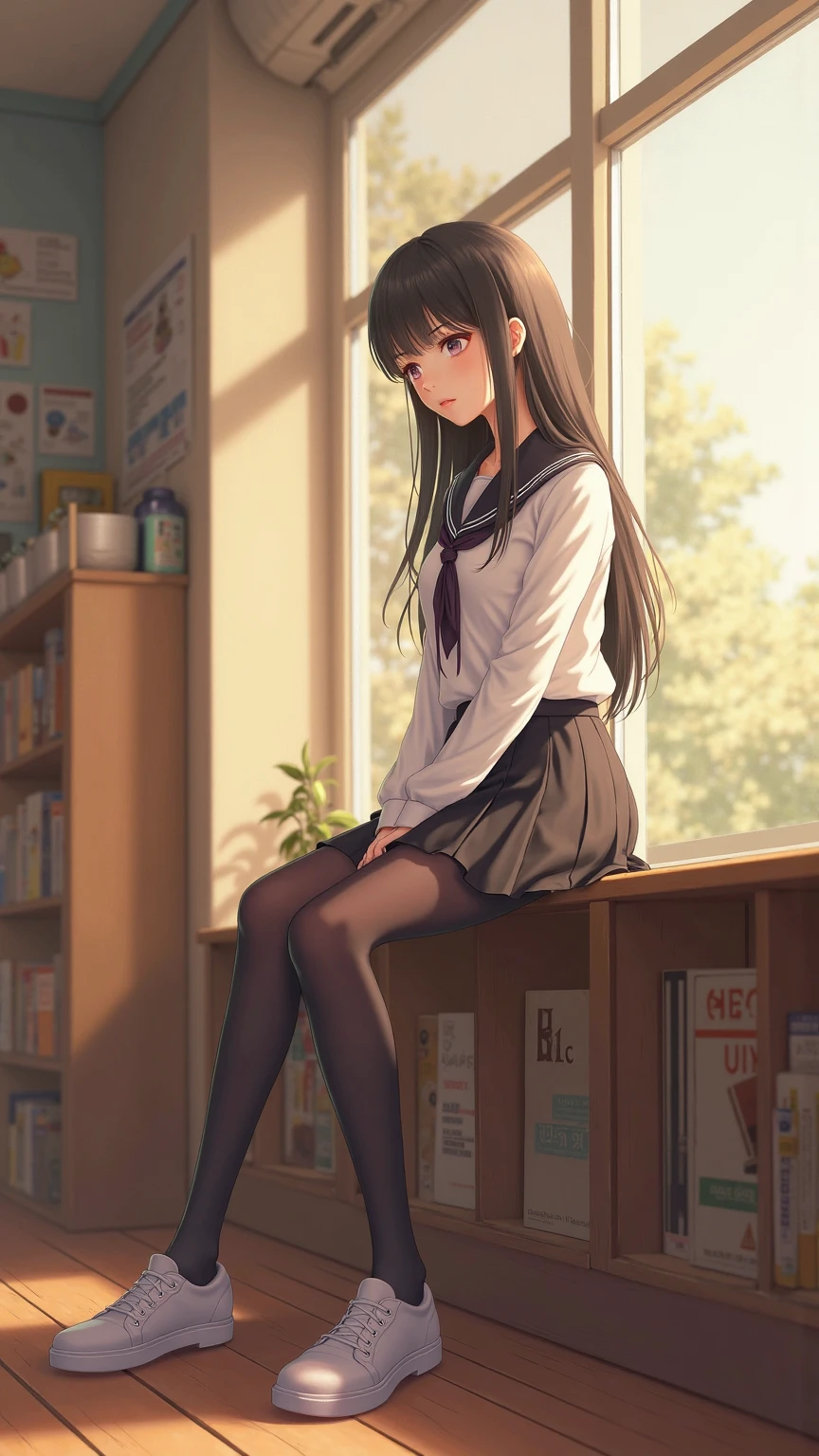 masterpiece, best quality, highres, 1girl, solo, high school uniform, skirt, bare legs, matching shoes, looking at viewer, empty classroom, soft lighting, black hair, purple eyes, medium breasts, long hair, sitting in a chair, full body, hair down, cool