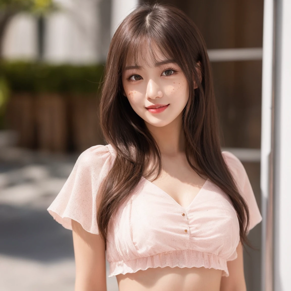 8K, 超High resolution, Highest quality, masterpiece, 三分割法によるphotograph,Surreal, photograph, 1 girl, (16 years old:1.3), pretty girl, Cute face, Beautiful eyes in every detail, 細かくdetailedに,masterpiece,, One Girl:1.2, Japan Female Announcer,whole body、Black Hair、well-groomed eyebrows、Cute Lip Makeup, European Fashion、(masterpiece、Highest quality、Realistic、High resolution、photograph:1.3)、close、I focus、Hot Model、slim、erotic、Sexual vision、slim、shirt、Long sleeve、Hide your chest、Beautiful eyes in every detail、Glossy Lips、Small breasts、((Bright light、Dynamic Lighting、Genuine、超Genuine、 realism、Genuineなディテール、Cool Beauty、Cool pose,Cute gestures、so beautiful,A carefree smile,Healing the heart,blunt bangs,Looking at the audience、beauty,Long neck、Laugh a little、Please close your mouth and laugh、(((Ideal body type))),A-cup small breasts :2,、Portraiture:2、Perfect Anatomy、なdetailed、detailed、Surreal、Light and shadow,Strong light