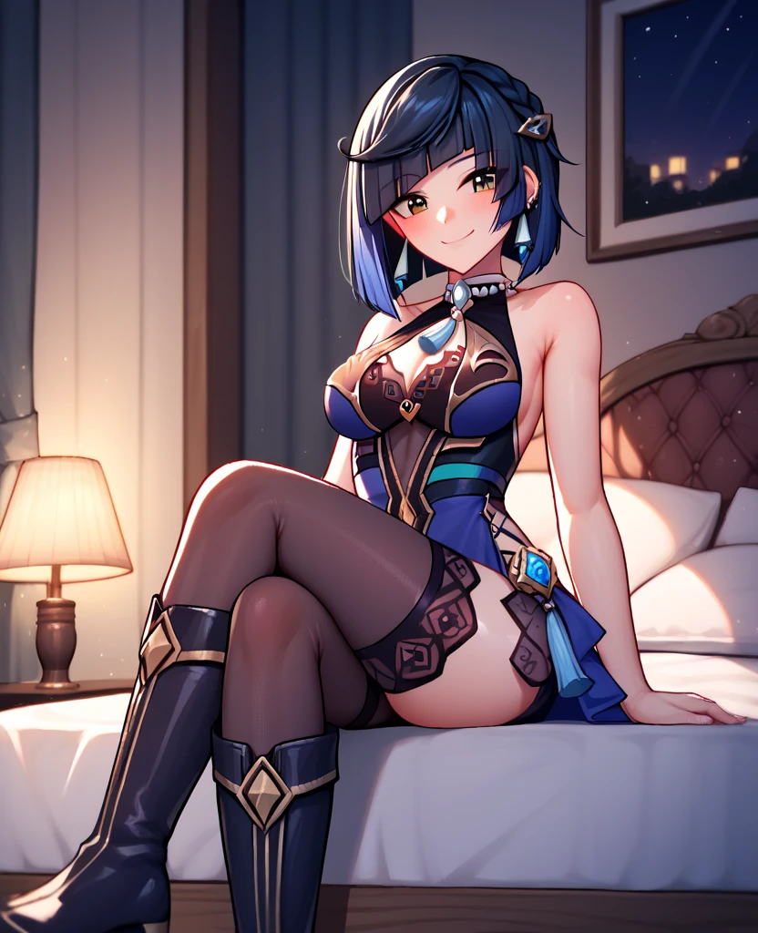 UHD,textured skin, high details, anatomically correct,SOLO,(1 Female,blue short hair),(wearing A blue loose bikini cheongsam),(Spreading legs:1.7),(Kneeing on the bed:1.7)The hotel room,(hands behind her head:1.7),(At the midnight:1.4)