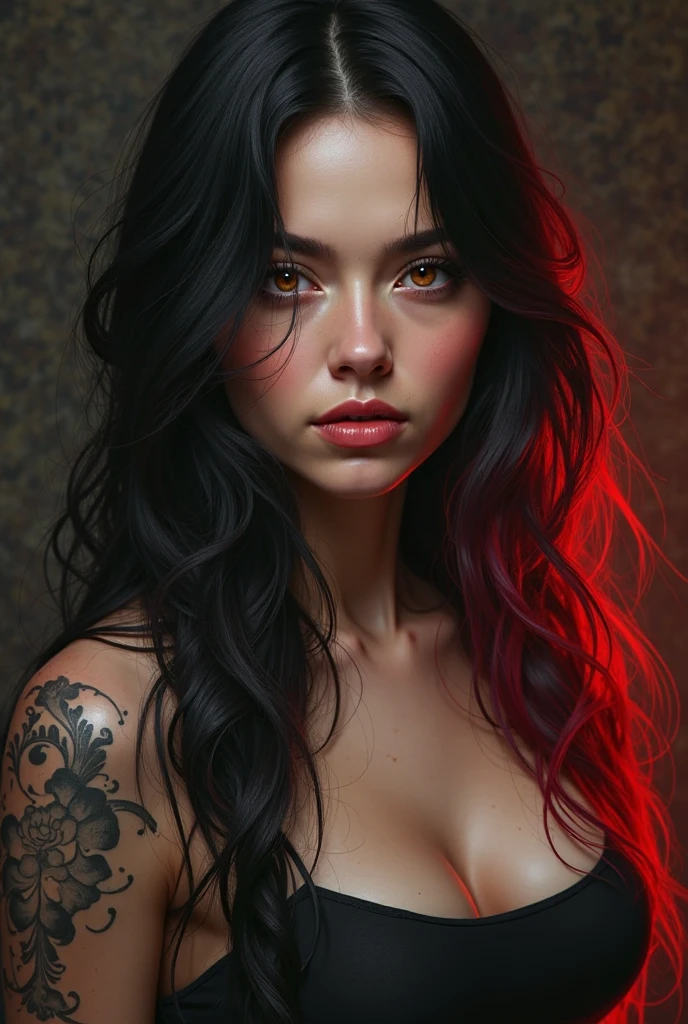 巨作, The best quality, Ultra-high resolution, big breast beauty, Elegance, Elegance, Award-winning art, a woman with many tattoos, beautiful portraits, Half naked, in travis charest style, Red lips, Silence in chaos, model posture in fashion shows, Blue eyes, Red lips, Dark theme, visual shock, Gorgeous