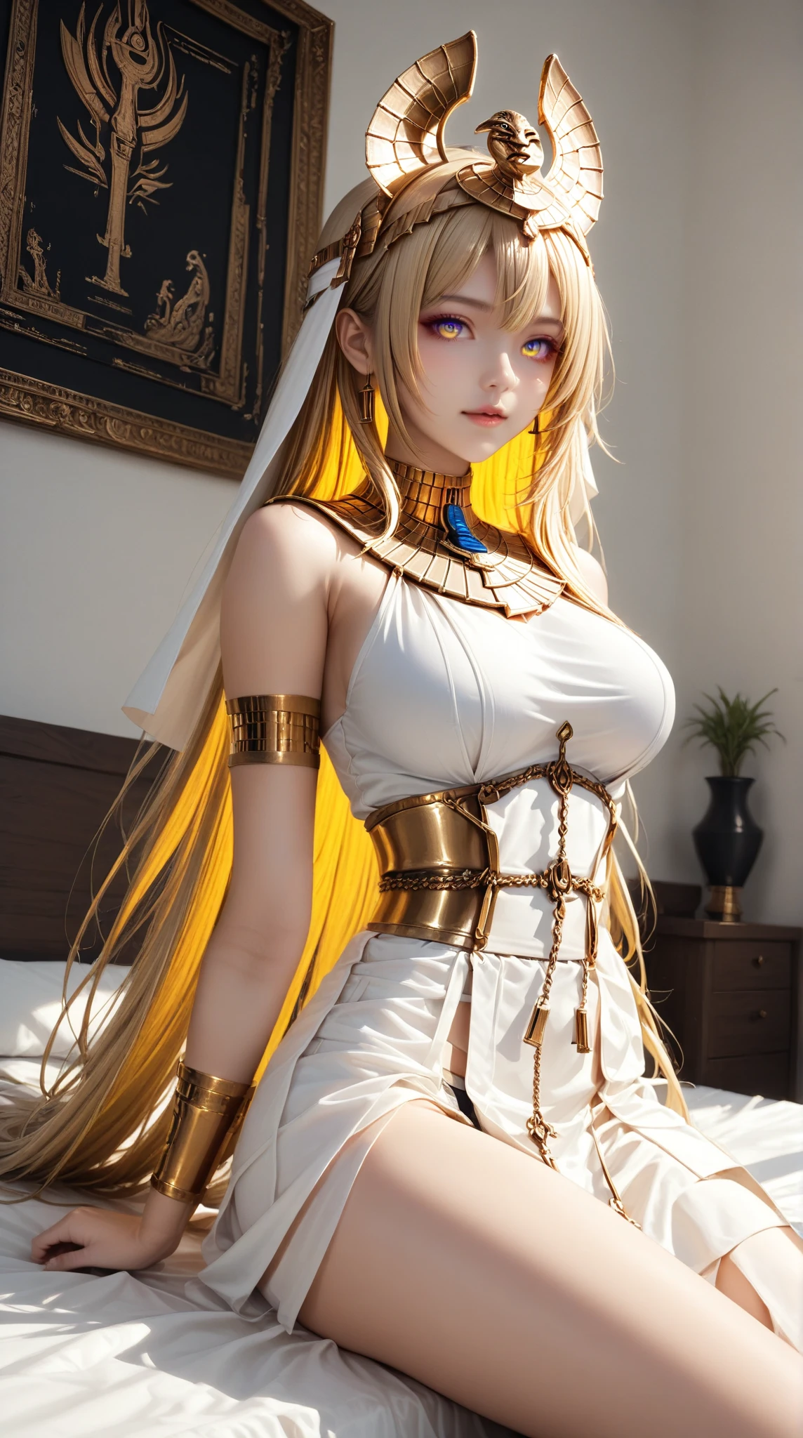 ((masterpiece, best quality, ultra-detailed, ultra-HD, photorealistic, cinematic)), (medium camera shot, from below:1.5), (sitting crossed legs, sensual pose), (1girl), (alluring and thicc Egyptian princess), perfect anatomy, perfect face, (bursting breasts, large cleavage), proportioned hands, (straight long red hair:1.3), (wearing white Egyptian gown, with black and gold highlights:1.4), (wearing gold accessories), ((Egyptian desert)), (detailed pupils, detailed eyes, blushing, nude lips, slightly parted lips), (looking at the viewer)