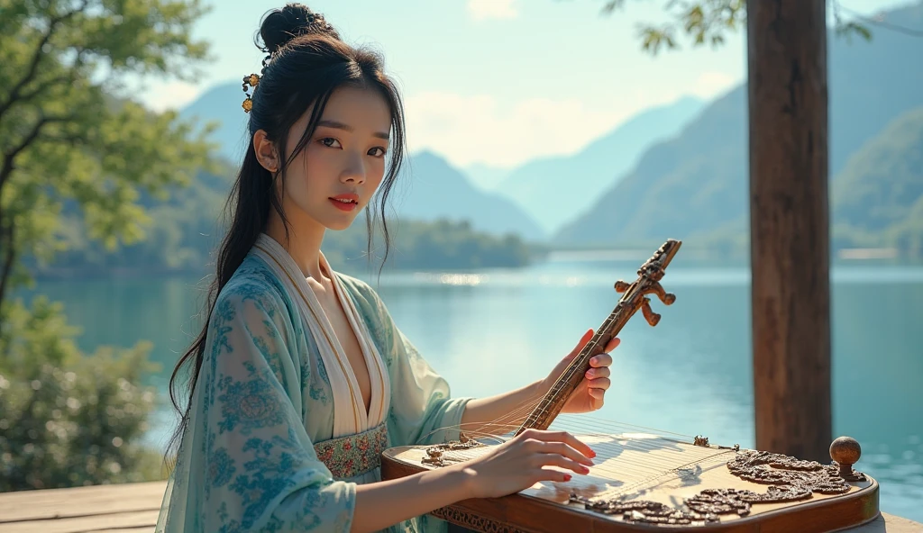 Slender jade hands fiddle with the guzheng