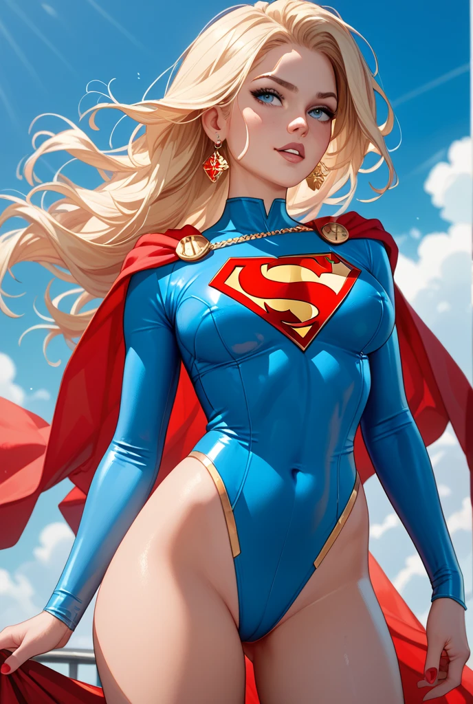 "((best quality,best illumination)), beautiful model with long hair big boobs and athletic body, wearing Supergirl cosplay, accentuated and highlighted breasts, dynamic pose, colorful background, high saturation, vibrant lights."