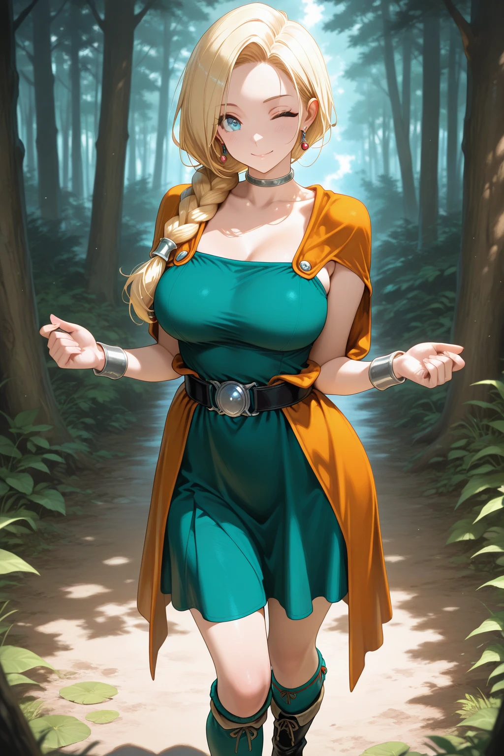 Perfect、Masterpiece、Professional illustrations、Perfect looks、Cinematic lighting、Detailed face, eyes and hair、Beauty、Alone、female、sauce_game、Bianca in Dragon Quest 5、Big Breasts、Large Breasts、Blonde、Long Hair、Braid、Emerald green dress、Orange Cape、boots、Silver necklace、Best Angle、Best Shot