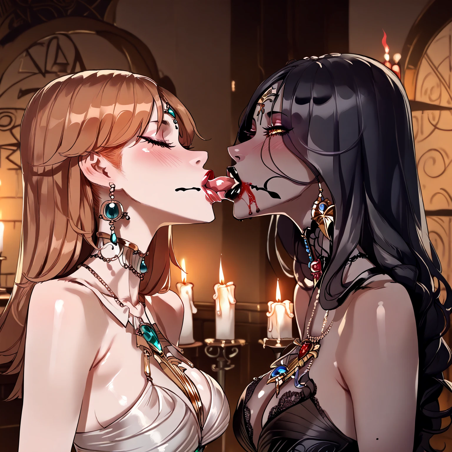 2 dark skinned girls, very detailed purple irises, wearing summoning robes, summoning circles, long hair, curled hair, covered in cum, holding ancient goblet full of cum, smiling, wrapped in tentacles, tentacles ripping off robes, kissing big black demon monster man
