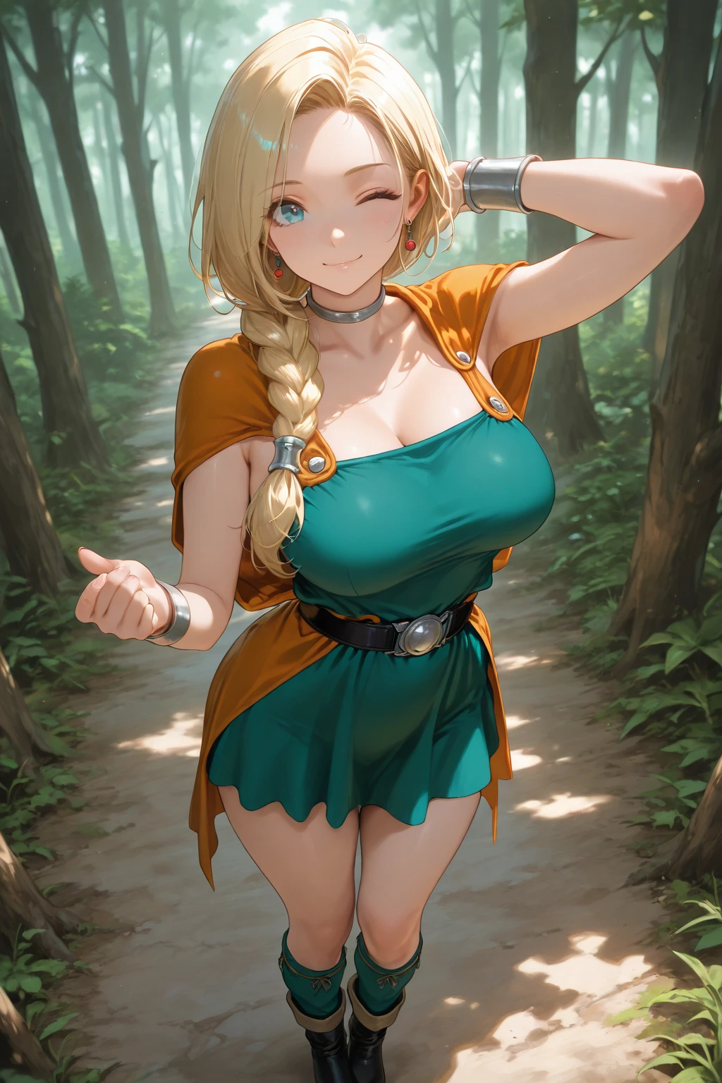 Perfect illustration、Professional illustrations、Cinematic lighting、Highly detailed drawing、Detailed face、Detailed eyes、One person、woman、Beauty、Bianca in Dragon Quest 5、Torn clothes、Dirty clothes、Blonde、Braided Hair、Green dress、Orange Cape、Earrings、necklace、boots、Sweat all over、Confused expression、Being attacked by translucent slime、sexy、Best Shot、Best Angle
