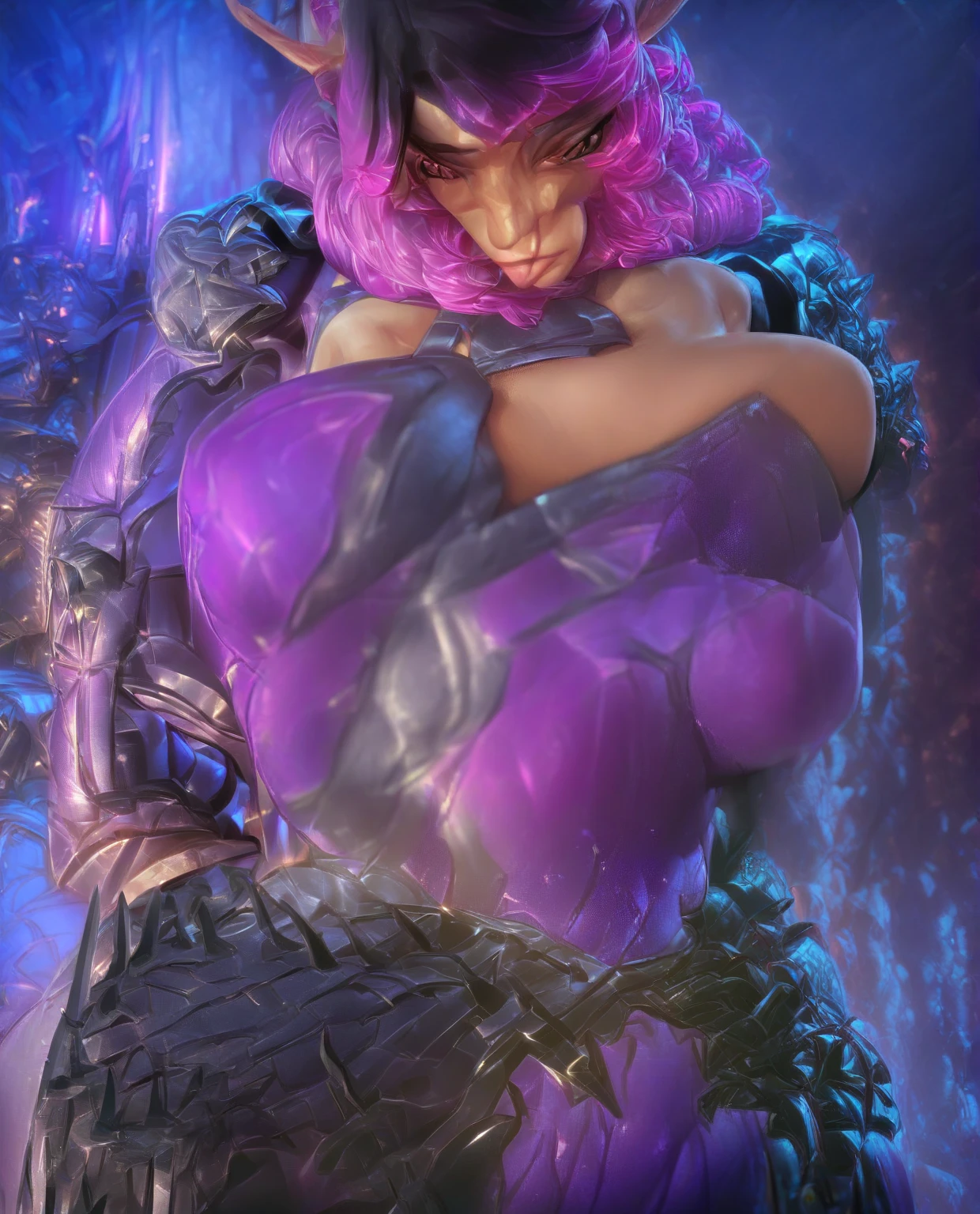 (best quality)), ((masterpiece)), ((ultra realistic)), (dynamic heroic pose), , nicolette shea, dungeon, sex slave , chained in torture rack , standing , legs spread wide , torture chamber , purple hair , naked , helpless , scared expression , perfect vagina ,sex slave , sensual , sexual ,
