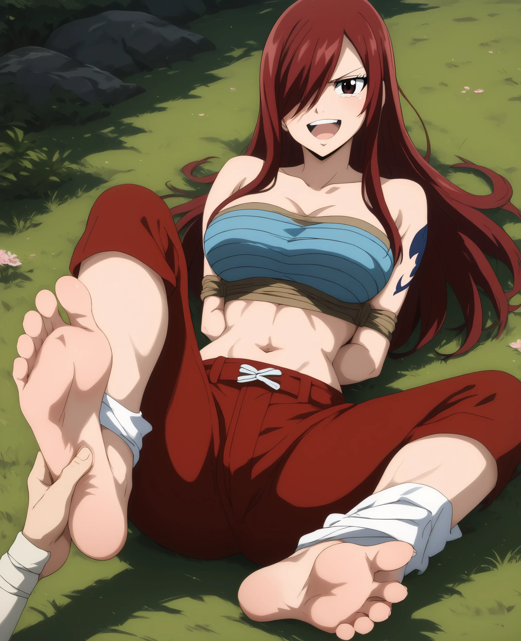 Erza's arms tied up, laying on her back, barefoot, feet soles tickled by a hand, Sarashi bandage top, exposed midriff, red loose pants, Erza hysterically laughing, tears from Erza's eyes, original character dressing, full body portrait, high quality, anatomically correct, 5 toes on each foot, perfect feet.