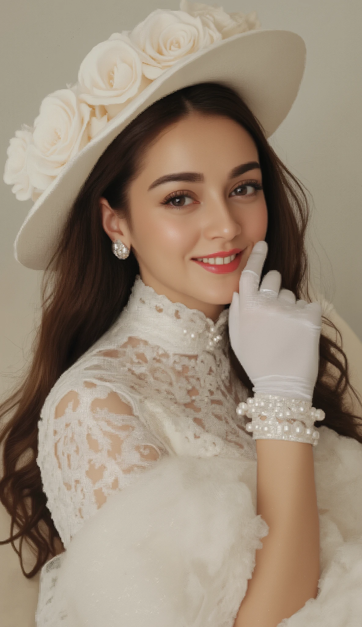 A muscle plump blonde woman with long, smooth straight dark hair wearing an elegant white outfit with intricate lace detailing around the neckline. She has on a large white hat adorned with white roses, white gloves, and pearl-embellished accessories, including a brooch and earrings. Dynamic pose elegant. Happy vibes beauty smile . The overall style is sophisticated and vintage-inspired, with a soft, glamorous aesthetic.