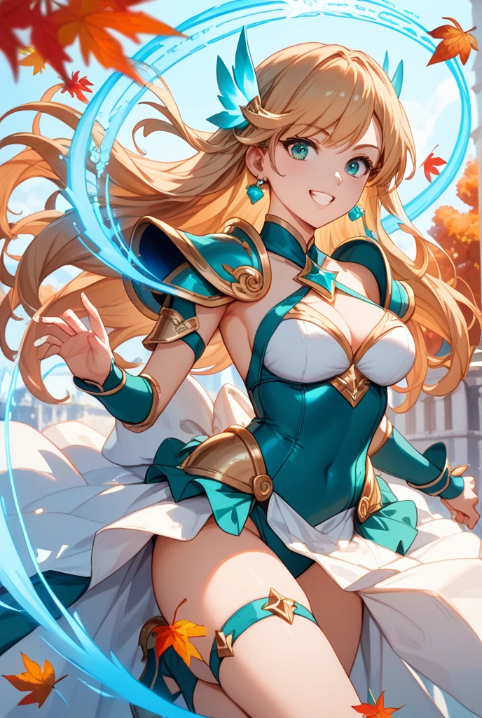 ((Highest quality、、masterpiece:1.3)), Upper Body、Long legs、Sharp focus:1.2, Beautiful woman with perfect figure:1.4、((Big Breasts:1.2)), (Big Breasts、Soft looking big ass、Feminine body 、Smiling:1.2), Face and skin texture crafted to the smallest detail、Fine-grained、double eyelid、25-year-old female、sexly、((((Cosplay、Isekai background、Fantasy、A world of swords and magic、Brave))))