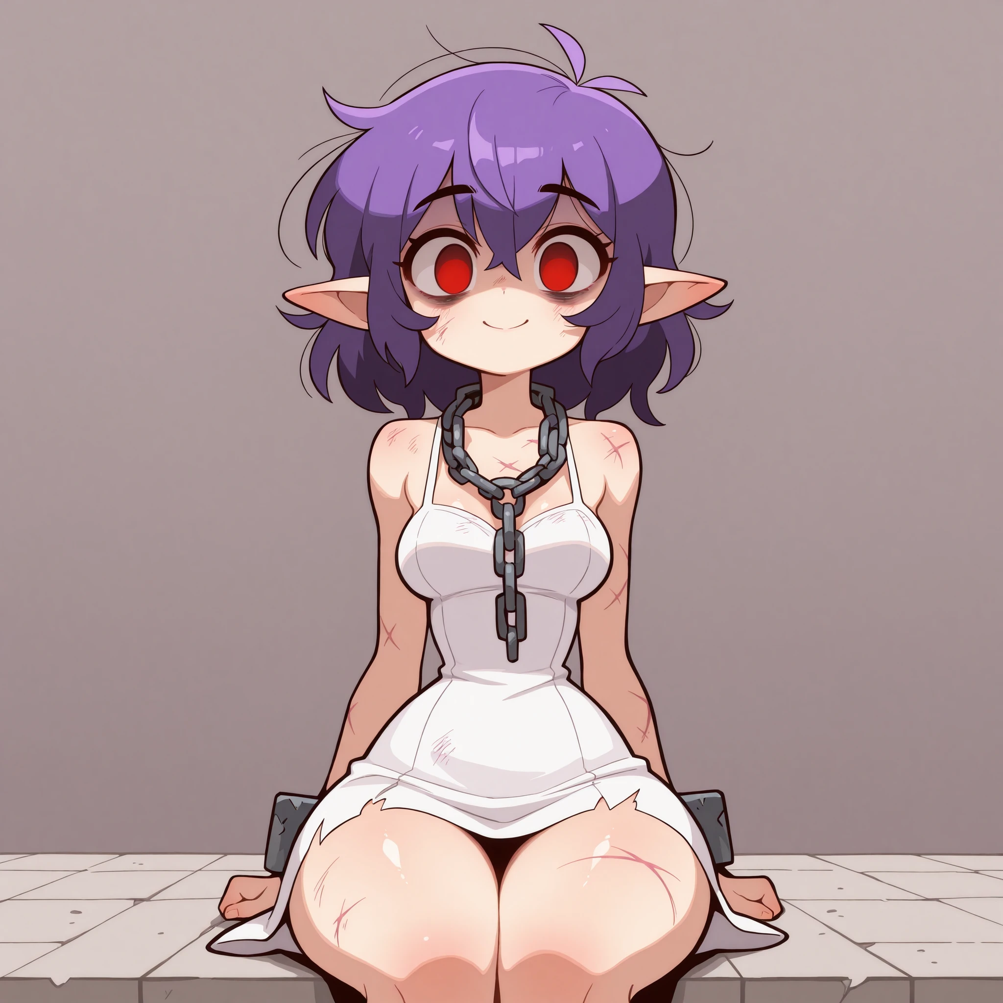 masterpiece, best quality, amazing quality, very aesthetic, absurdres, high res, shiny skin, diives, 1girl, solo, short short messy purple hair, red eyes, empty eyes, bags under eyes, scars, wounds, bruised, pointy ears, medium breasts, narrow waist, wide hips, thick thighs, white simple dress, tattered dress, shackle around the neck, chain around neck, blushed, shy, smile, cute, sitting, looking at viewer, simple background, from the front view