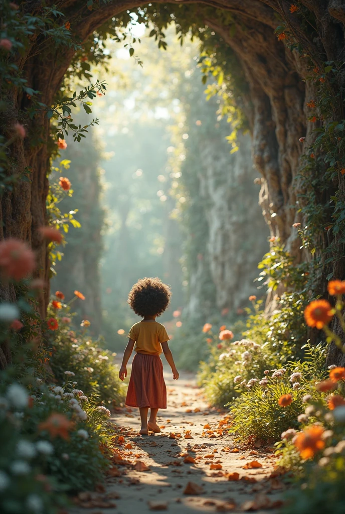 An earthy road,It is surrounded by bamboo forests,A little girl walking on the road,A sunflower fell on the ground,The girl looked at this sunflower