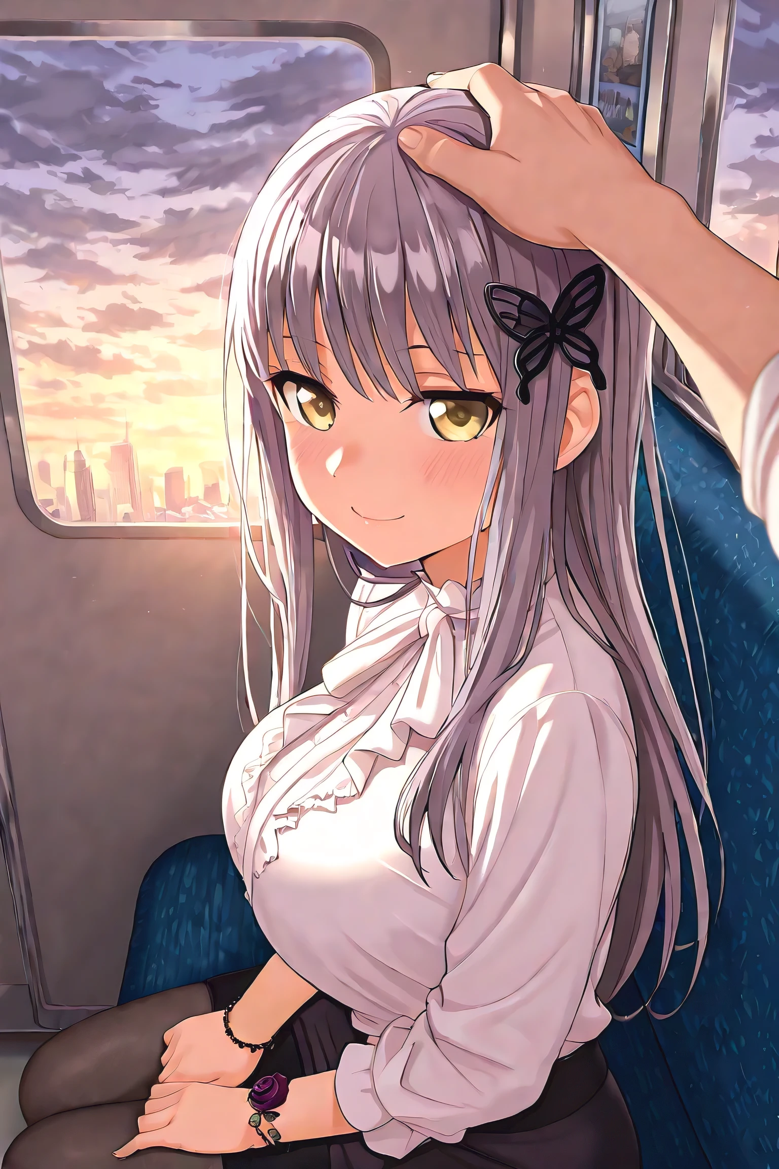 Volumetric Lighting, (masterpiece), (best quality), (ultra-detailed), masterpiece, source_anime, score_9, score_8_up, score_7_up BREAK, illustration, disheveled hair, detailed eyes, perfect composition, moist skin, intricate details BREAK, light depth, BREAK, minato yukina, long hair, grey hair, yellow eyes, yukinadef, def butterfly hair ornament, def rose bracelet, def shirt, white shirt, def skirt, def pantyhose BREAK, train interior, from side, dusk, cloudy sky, skyscraper, looking at viewer, (pov, pov adoring, headpat viewer,pov dating), close-up, tiny smile, large breasts, sitting,