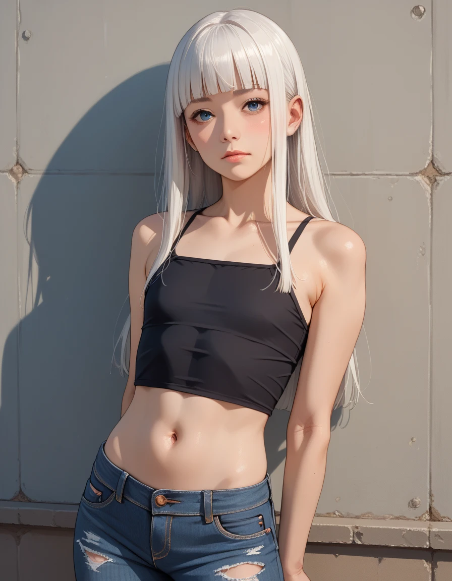 ((master piece)), (high quality), a girl with platinum hair, curly hair, double braids, serious expression, very short t-shirt, translucent white t-shirt, t-shirt without prints, wet t-shirt, translucent fabric, visible belly, very short black mini skirt , open on the side.