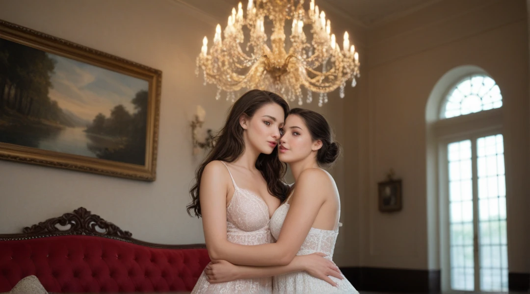 Licking the toes of a veiled woman by another woman on the sofa