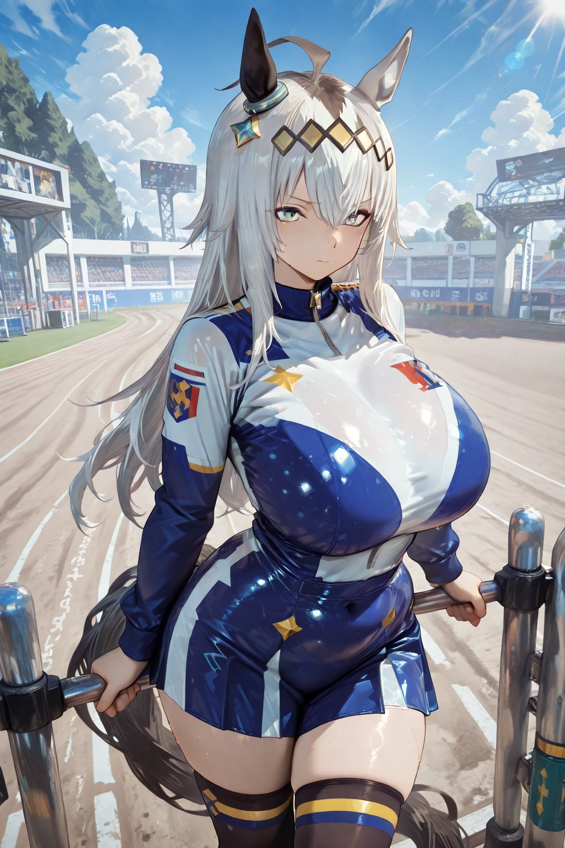 3 girls,long white hair,Track and field uniform,barefoot,Extremely huge big breasts,in the stadium,sweating,plump figure,Thick thighs,sprint race ,