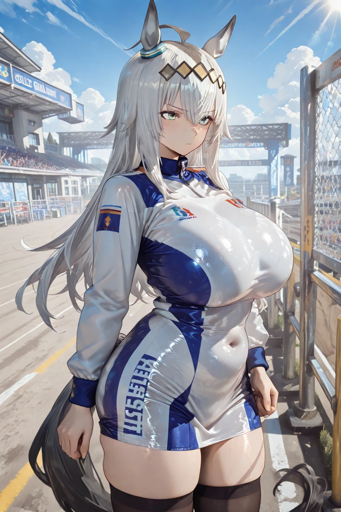 ((Bea pokemon)), (masterpiece:1.2, best quality), realistic, (real picture, intricate details, depth of field), ((1girl:1.2)), highly-detailed, gorgeous perfect face, (skindentation), tanned skin, average waist, tall, ((short white hairs)), beautiful grey eyes, looking at viewer, confident smile, toned body, huge breasts, extra thicc, ((full_white_racing_suit)), outdoors, race track