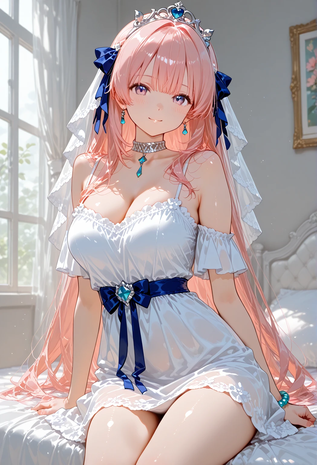 (masterpiece:1.2), (best quality:1.2), bedroom, best illumination, best shadows, cowboy shot, best lighting blue eyes, tiara, pink hair, white dress, large breasts, white stockings, very long hair, (parted bangs:1.2), (forehead:, pink panties, gloves, exposed shoulders, cleavage