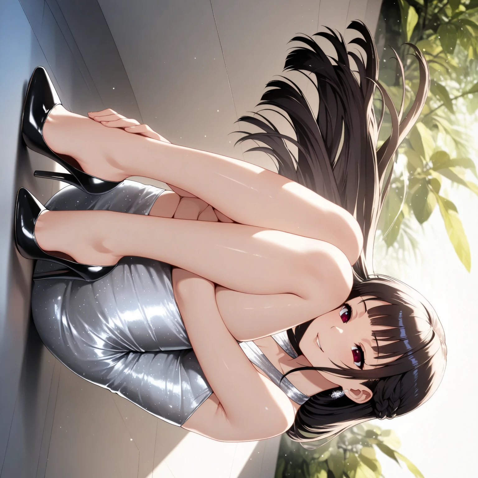 masterpiece, Highest quality,cute, (Super Long Hair),A lot of hair,smile,Two people,((Inside the sleeper express train)),Black Hair,Shake your head,Ponytail or twin tail,Sit down
