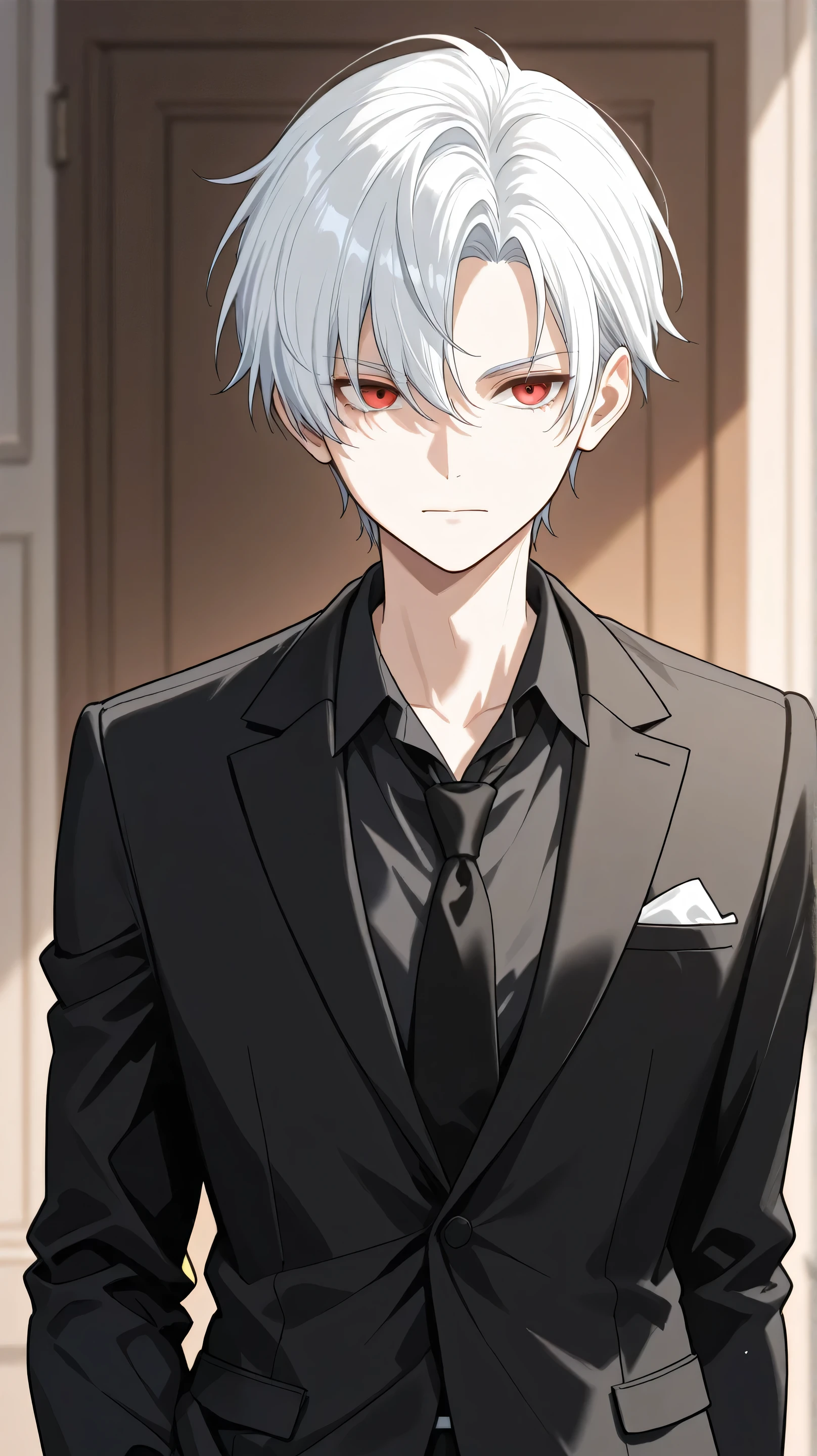 men white short hair,red eyes, black suit front view