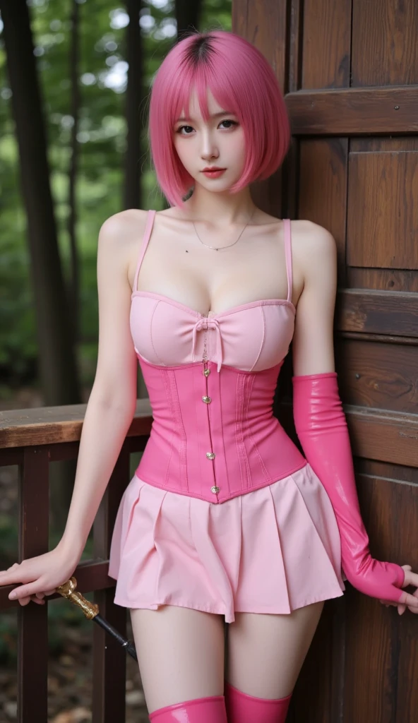 extra detailed face，Top image quality、Pink Bunny Girl、Entrance、dealer、Pink hair、pink gloves、Outstanding style、Sexy thighs，Exposing the abdomen ,((Clothes with less fabric))，photographrealistic、short-hair、Reddening cheeks，Excited、