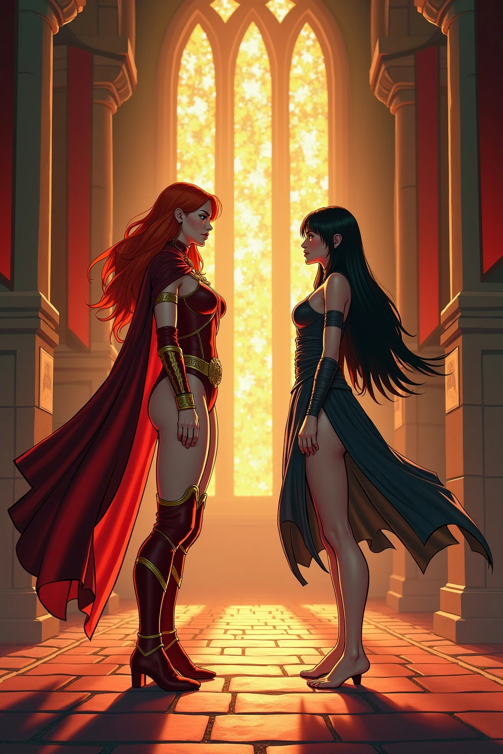(1 mulher de beleza muscular,meio orc, humanoid,pele verde, Messy red hair,cicatriz:1.2),medium breasts, mundo da fantasia, Medieval, caverna, mining operation, fortifications, (beautiful steel armor, menacing armor, peitoral, manoplas:1.2), capa vermelha,dynamic fighting pose,dynamic angle,camel toe,De baixo,Nervoso,segurando arma(,from behind),Look back