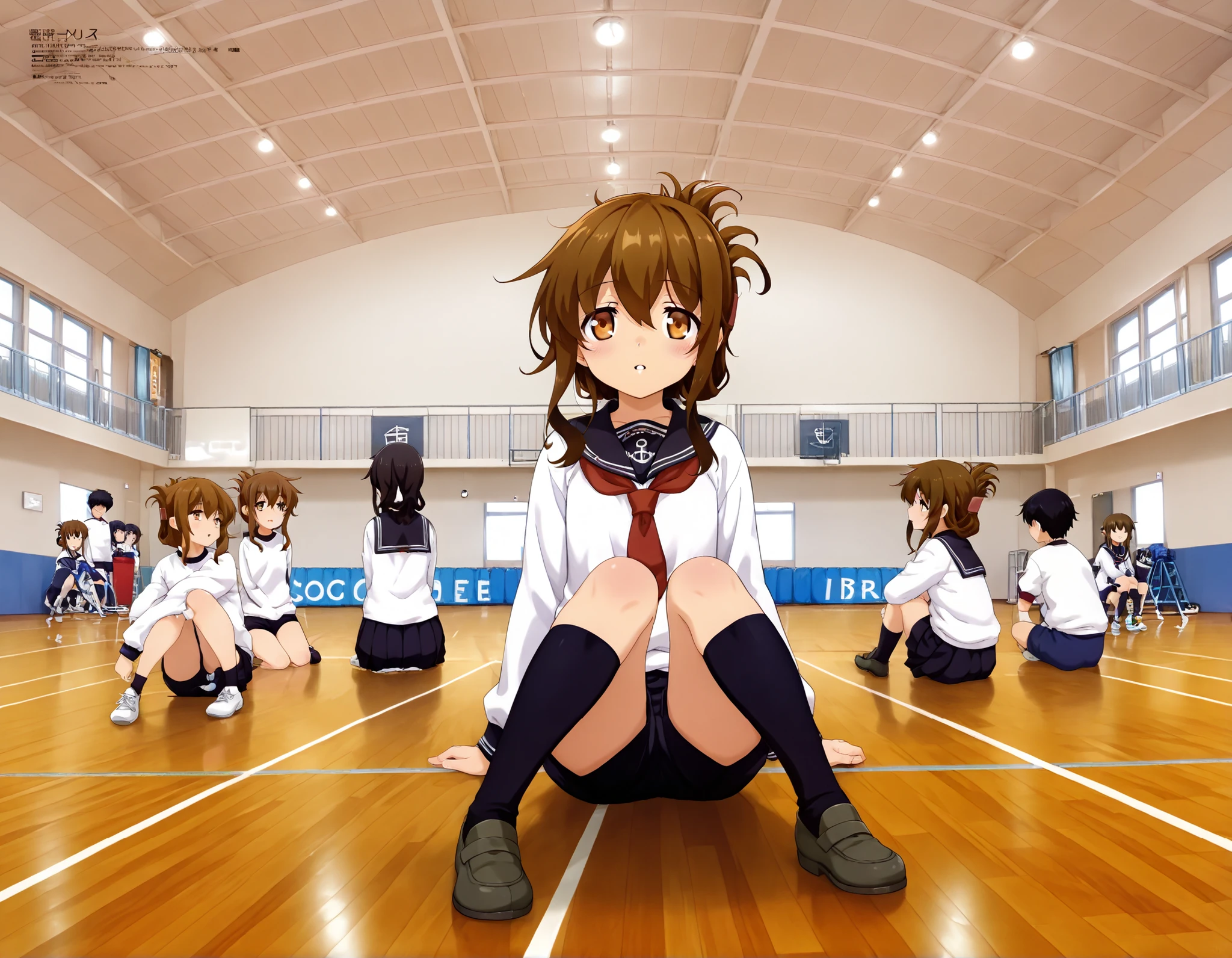 1girl inazuma \(kancolle\), brown hair, folded ponytail, long hair, brown eyes, anchor symbol, black sailor collar, long sleeves, neckerchief, school uniform, serafuku, pleated skirt, black skirt, black socks, loafers,sitting on the floor grasping one's knees (as in a gym class),score_9, score_8_up, score_7_up, rating_safe, masterpiece, best quality, absurdres, unity 8k wallpaper, official art, official style, source_anime, uncensored, game cg, megami magazine,taiikukan, indoors, sportswear, multiple girls, indoors, photo background, shorts, 6+girls, ceiling light, black hair, ceiling, stage, wooden floor, gym uniform, sportswear,Gym,BRS0 BRS2 KJP530R M601R taisoufukuR, gym uniform,